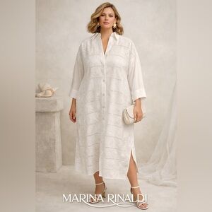 Marina Rinaldi Voyage White Midi Dress Cotton US 14 Plus Eyelet Summer Resort